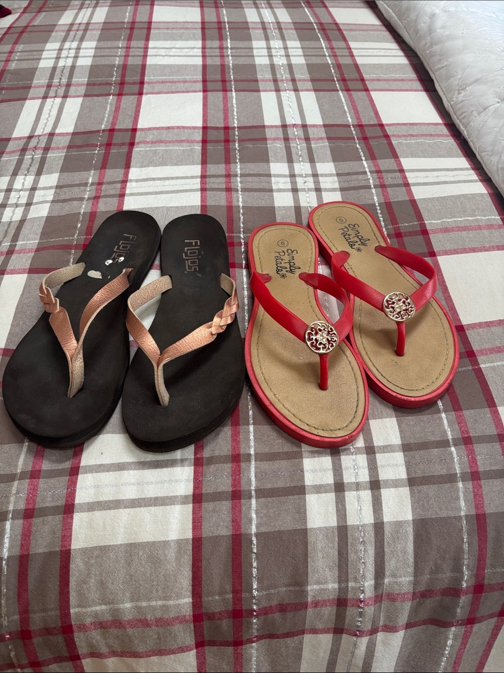 Flojos Metallic Rose Gold Braided Thong and Red Jewel Toe-Post Sandals